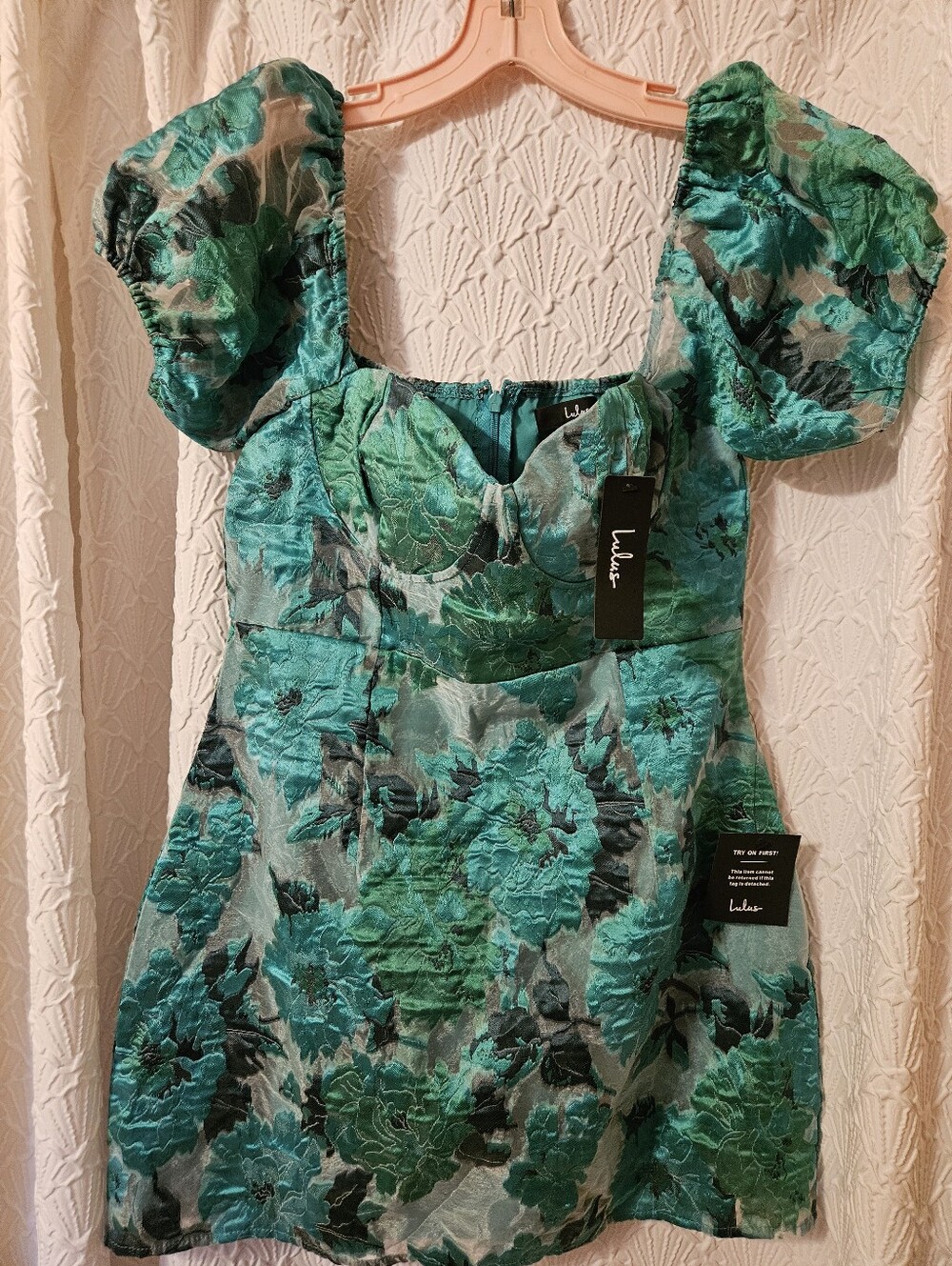 Lulus Green Floral Puff-Sleeve Mini Dress